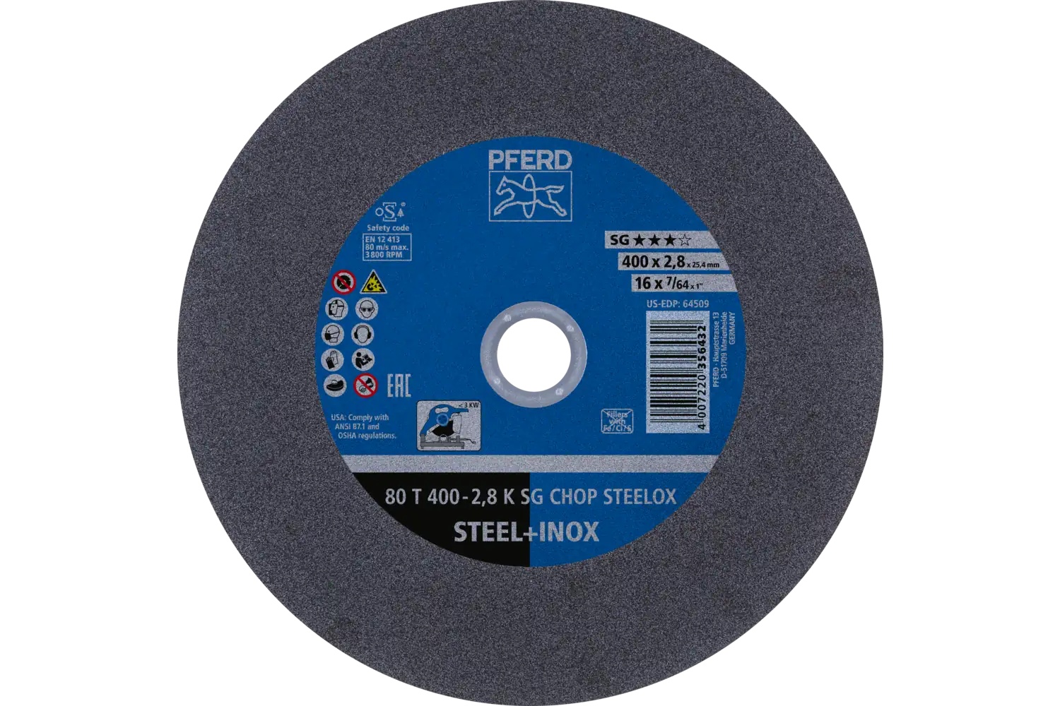 Picture of Pferd Large Diameter Cut-Off Wheel 16" X 7/64 X 1, Sg Chop Steelox, K, Aluminum Oxide